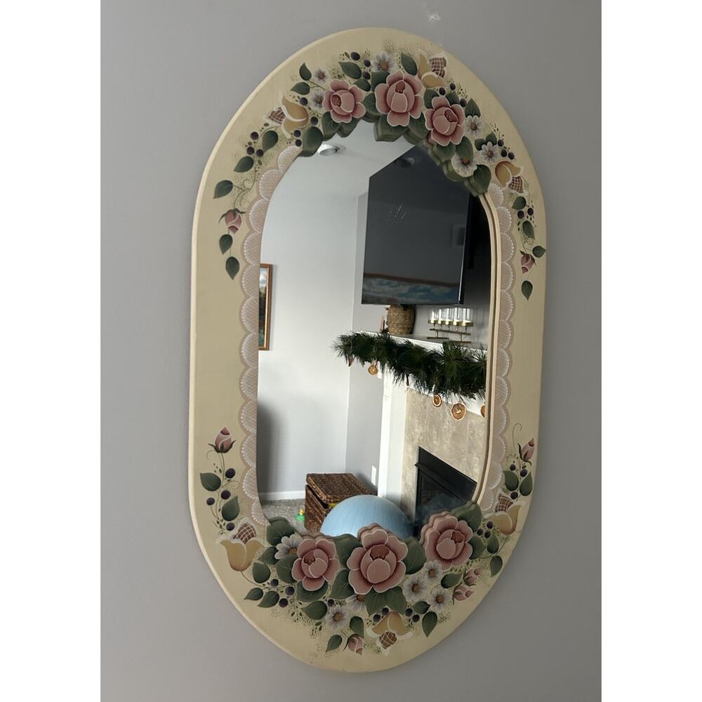 Vintage Handpainted Floral Oval Wooden Mirror Wall Decor Hanging Cottagecore